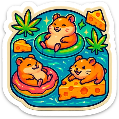 square Discord server icon, playful pool party scene with hamsters, weed leaves, cheese, subtle THC theme, retro nostalgia style with 80s/90s colors, bold outlines, neon accents, fun pool floats, centered clear composition sticker