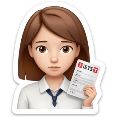 The girl shows her IELTS certificate with a score of 3.0 in disappointment sticker