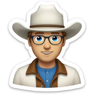 White man with brown hair, blue eyes, glasses, cowboy hat and bolo sticker