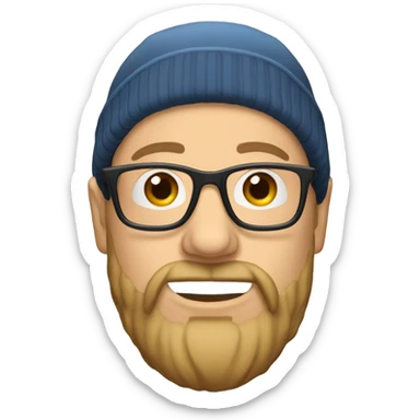Bald white man with glasses, a beanie, and a beard sticker