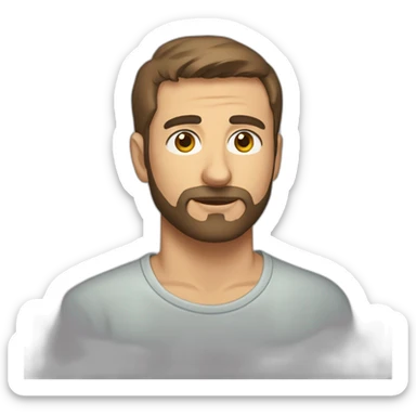 man with brown short hair and short beard wearing a t-shirt with the word escutai sticker