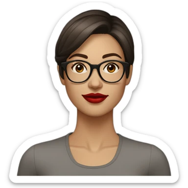 face of a 25 year old caucasia woman with short dark brown straight hair, bright red lipstick, eyeliner, and square light brown glasses sticker