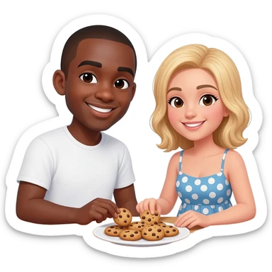 Black man with shaved head and blonde woman both eating cookies together sticker