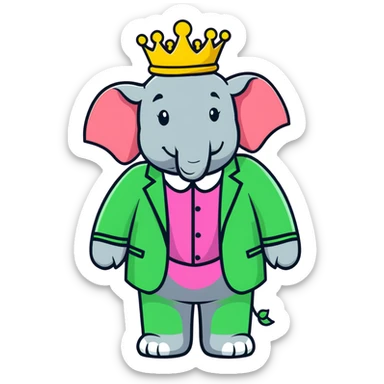 Babar the elephant king with crown and green suit sticker