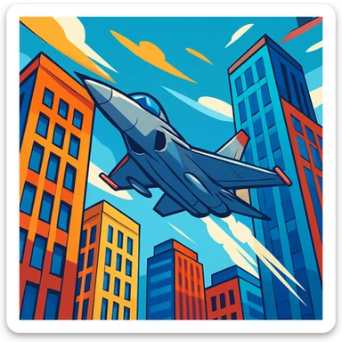 A jet passing between two tall buildings, urban skyline, dynamic angle, colorful style, no text sticker