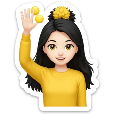 A long black hair teen girl waving pom-poms, eyes sparkling with excitement, yellow top sticker