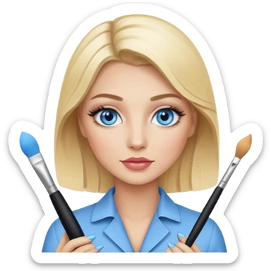 luxury blonde makeup artist with blue eye sticker