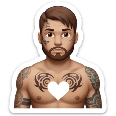 tattoo man, full  white skintone,brown hair, tattoos on face, more visible, bulky man with tattos on his chest, heavy tattoos. sticker
