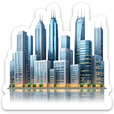 A modern cityscape with tall buildings, skyscrapers, and windows lit up, representing an urban environment full of life and activity sticker