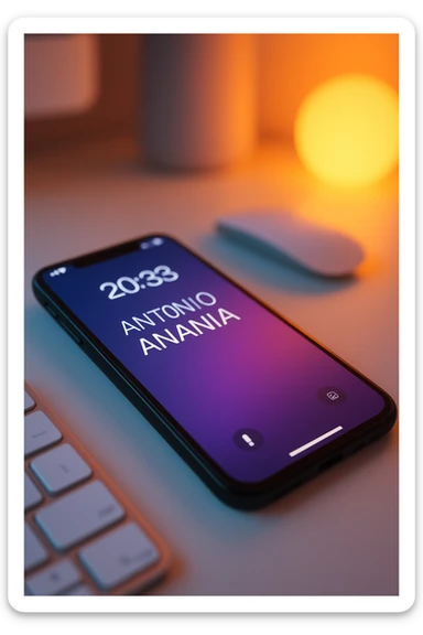 A photo of an iPhone on the desk with the message "Antonio Anania" on its screen, The phone sits atop a desk with a blurred background that suggests work environment. A faint glow from above casts gentle shadows across the surface of each object, creating depth and highlighting their textures sticker