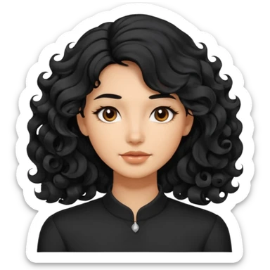 This avatar has shoulder-length black hair styled in large, wavy curls that frame the face, giving a soft and natural look. sticker
