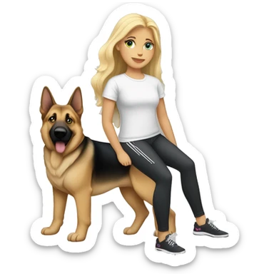 Blond hair blue eyed girl wearing leggings and a FLORDIA t-shirt with a big German shepherd next to her sticker