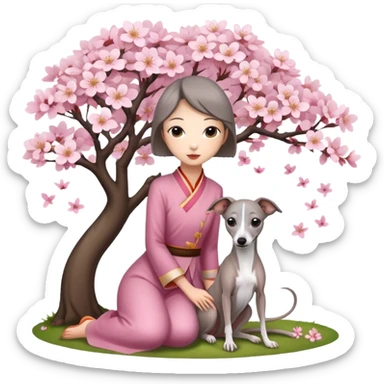 A young Chinese girl and a grey Italian Greyhound sitting under a cherry blossom tree sticker