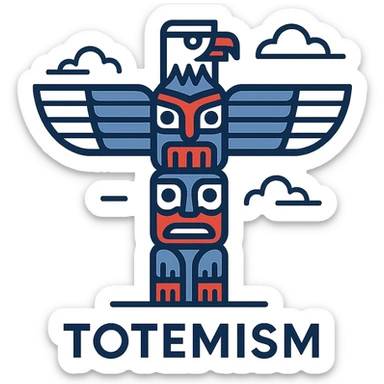 contemporary logo for Totemism featuring abstract totem pole with prominent eagle motif at top, clean lines geometric forms color scheme of red black white and blue, visually striking symbolic design reflecting spiritual and cultural essence of totem poles sticker