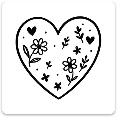 Remove the cat from the image, keep only the heart and decorative elements in a hand-drawn doodle style with floral and playful accents. The style should resemble notion style hand drawn doodles with a whimsical and artistic feel. sticker