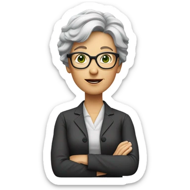 middle-aged female professor giving a lecture. She has short salt-and-pepper hair and she wears glasses and has green eyes sticker