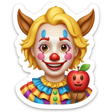 a crying but smiling and showing a peace sign clown face riding a horse, make it native to apple emoji style, the horse and the clown both emoji should match apple's style. sticker