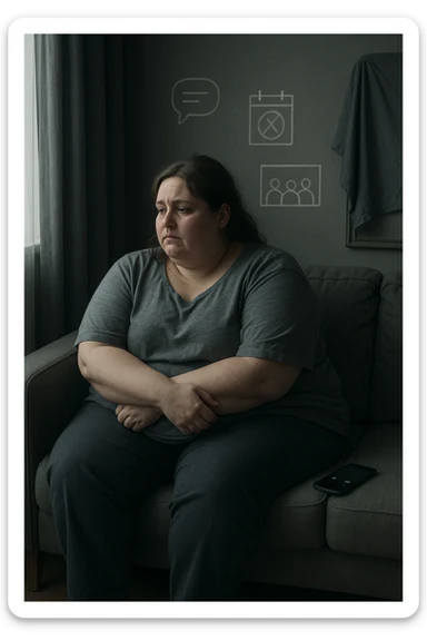 Donna tra i 30 e i 40 anni seduta sola su un divano, con espressione malinconica e corpo visibilmente appesantito. Indossa abiti larghi, avvolgenti, e guarda fuori dalla finestra mentre il telefono è spento o con notifiche ignorate accanto a lei. Sullo sfondo, si notano segnali di vita sociale assente: messaggi non letti, inviti ignorati, foto di gruppo a cui non partecipa. L’atmosfera è silenziosa, con luce grigia e ambiente spento. Intorno a lei, simboli di ritiro e insicurezza: tende chiuse, specchio coperto, postura chiusa. Stile realistico, tono delicato ed emotivo sticker