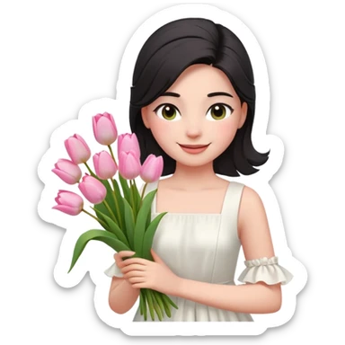  A girl Squint your eyes and smile with a black half-up half-down hairstyle, and a white dress, enjoying the spring breeze.Holding a bundle of pink tulips sticker