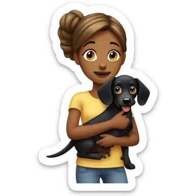 girl holding a black wiener dog ￼ sticker