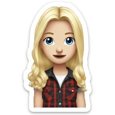 Blonde girl with blue eyes wearing black pants with a red plaid shirt and white platform converse sticker