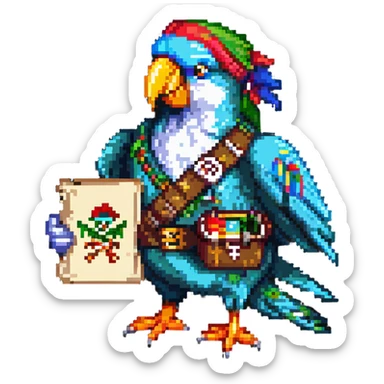 parrot with a pirate patch holding a treasure map with a QR code sticker