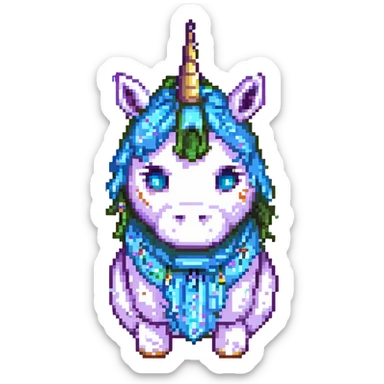 a disgusting, rumpled unicorn with bags under his eyes and a drooping horn, in a pixel art style sticker