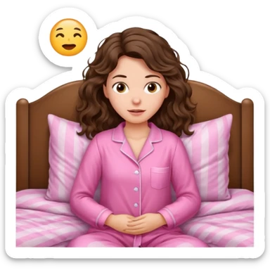aestethic brunette wavy hair, waking up with a pink pajama sticker