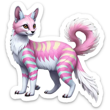 Colorful dark tropical feathery tribal pale light fruity pastel white glorious iridescent divine exotic cute albino neon vibrant spooky evil zigzagged cool beautiful beautiful fantasy-caracal-civet-genet-sergal-vernid-Gryphon-Cacomistle-Trico-oncilla-animal-Fakémon-hybrid-fursona (full body) sticker
