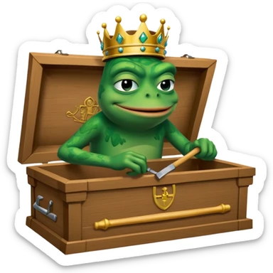 Emoji of an empty wooden coffin with its lid on top, the word ‘ECHO’ carved into the side panel. The coffin is shown from the outside. A king-like Pepe the Frog, standing outside the coffin, is hammering nails into the lid to seal it shut. No character is inside the coffin. Not a treasure chest. sticker