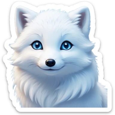 Cinematic Cute Arctic Fox Portrait Emoji, Head tilted playfully and inquisitively, featuring a silky, pure white Fur with delicate hints of icy blue on the ears and muzzle, round, sparkling eyes filled with curious charm, Simplified yet irresistibly adorable features, highly detailed, glowing with a warm, friendly glow, high shine, affectionate and spirited, stylized with a touch of frosty whimsy, bright and endearing, soft glowing outline, capturing the essence of a mischievous yet loving arctic fox, so playful it feels like it could frolic out of the screen and into your arms! sticker