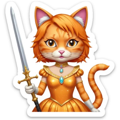 orange cat in drag queen attire dramatic eyelashes sparkling dress wielding a sword sticker
