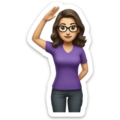 a caucasian brunette female, wearing a purple t-shirt and glasses, making the military salute gesture sticker