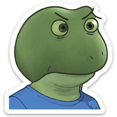 A guy with a slight squint, dark slightly gray hair and a model haircut, brown eyes, a slightly hooked nose and a smile. He's wearing a blue T-shirt. sticker