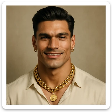 Transform the image into a giga chad style with a strong jawline and confident expression. Use only natural skin tones and realistic features, avoiding any gray colors or shades. Keep the look playful and cool without cartoonish exaggeration, aiming for a realistic appearance. sticker