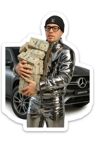 Create a chrome icon version of the person in the reference image with realistic white skin tone and natural facial features. The suit and clothing should be chrome. The hat should be black with an LV logo on top. The person should be holding realistic, full-color US dollar bills. Add Cartier-style glasses. The car behind him should be an AMG model. Only the suit and clothing are chrome; the skin is white and the hat is black with LV. sticker