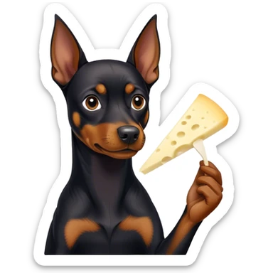 A black German pinscher eating a pièce of string cheese sticker