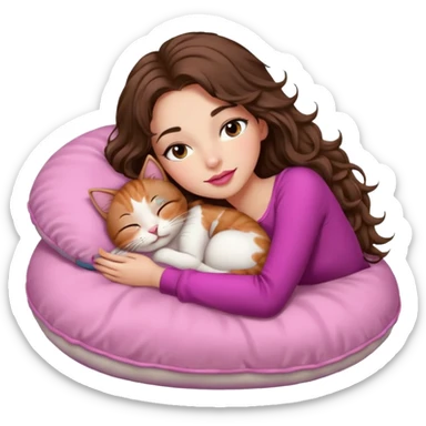girl with long wavy brown hair, brown eyes, long lashes makeup, sexy pink lips, sleeping on a cozy pillow with 6 cats sticker