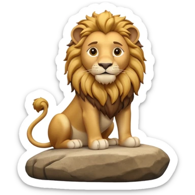 A 3D cartoon lion with a golden mane, sitting proudly on a rock, calm smile, smooth fur, bright warm sunlight, friendly but majestic look, Memoji-style. sticker