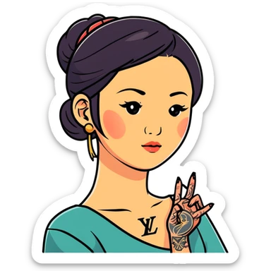 Asian woman with LV tattoo on left cheek sticker