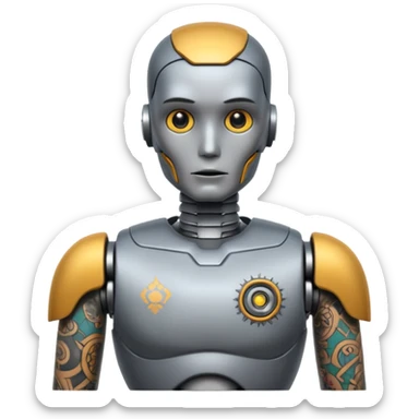 gray Tatooed robot, big many tatooes on chest, neck and face sticker