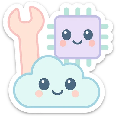 emoji for 'Technologies Used', combining a wrench, microchip, and cloud, in a friendly, cartoon style sticker
