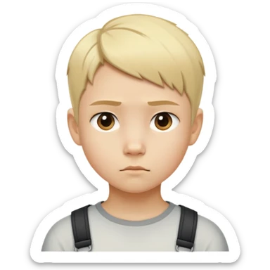 "- Nam
- 10 tuổi
- Da trắng
- Tóc ngắn, vàng, vuốt undercut gọn gàng
- mặt nghiêm túc
" sticker