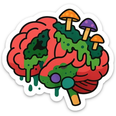 brain with parts missing, showing rot and fungus, exaggerated and colorful sticker