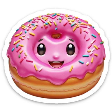 Cinematic tiny happy donut, round and fluffy, golden brown with pink icing and sprinkles, tiny adorable face with blushing cheeks, warm glowing background. sticker