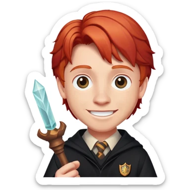 Ron Weasley with wand, smiling, red hair sticker