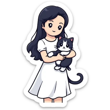 beautiful girl with long black hair wearing a white dress holding a cat in her arms sticker