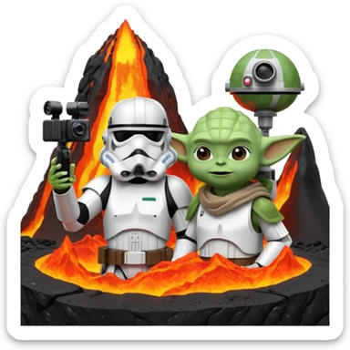 stormtrooper and Yoda posing for a selfie on a lava planet, camera POV sticker