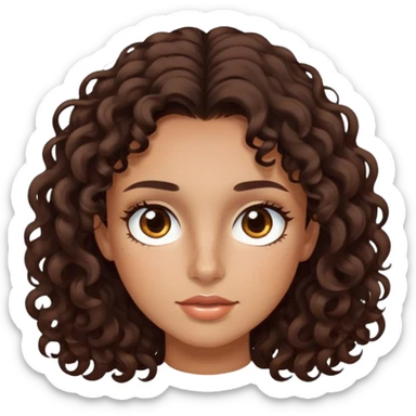 Dark brown hair, brown eyes, light freckles, tanned skin, long eyelashes, small lips, and medium-length curly hair. sticker