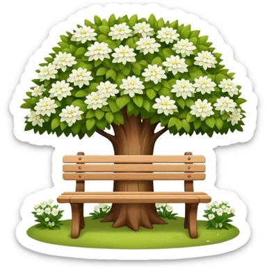 beautiful bench against the background of a tree with blooming white flowers sticker
